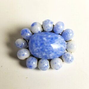 ✅Vintage Robin's egg color/pattern natural gemstone oval pin brooch silver tone!